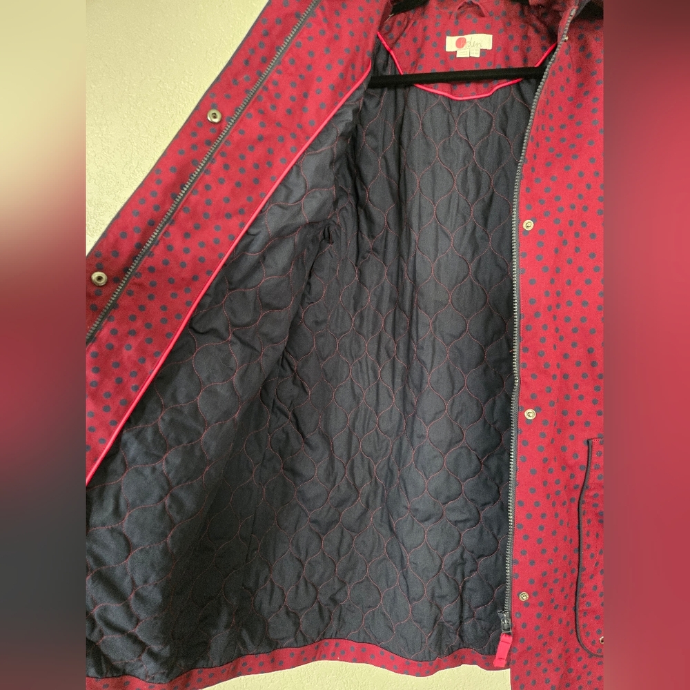 Boden Polka Dot Long Coat Rain Winter Womens 14R Plum Purple Blue Collar Zip - Picture 5 of 9